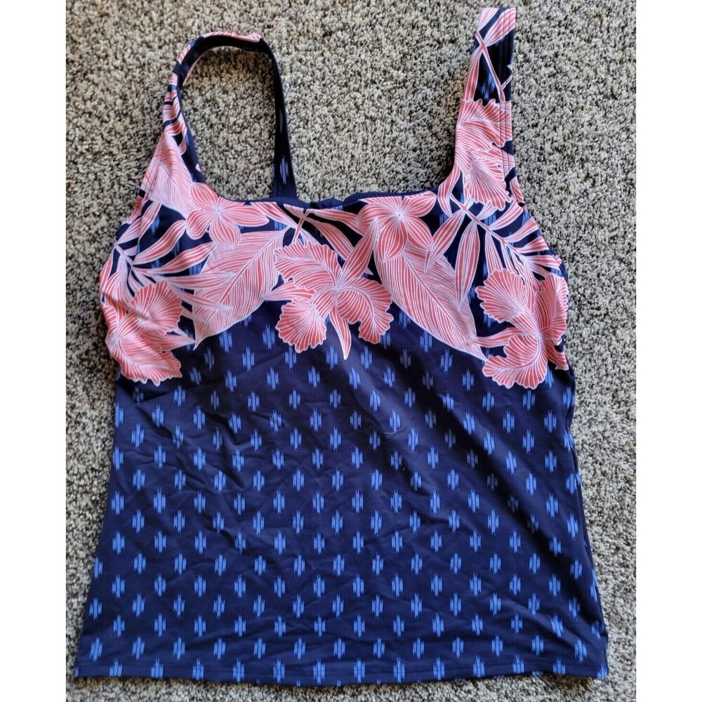 Lands End Women's 10 D Tankini Swim Top Square Neck Floral Navy Underwire S300